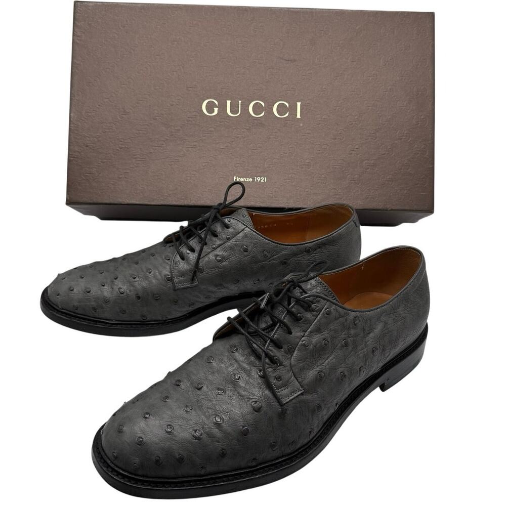 Gucci Mens Ostrich Leather Derby Shoes 9.5 New Platinum Gray Italy 295618